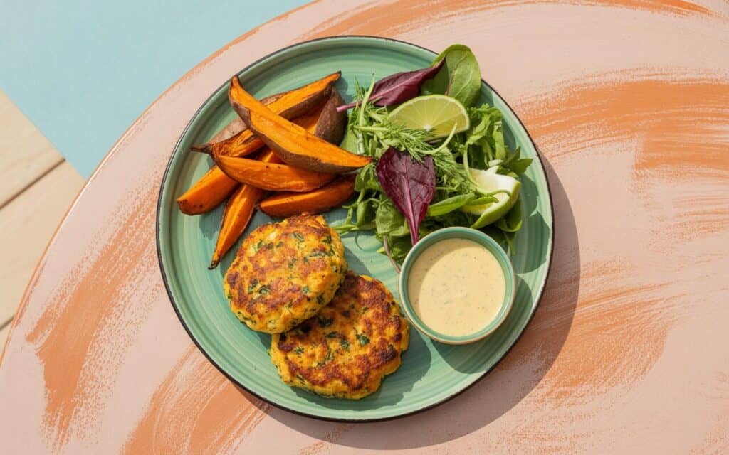 Kotlecki z Łososia z Batatami i Limonkową Sałatką