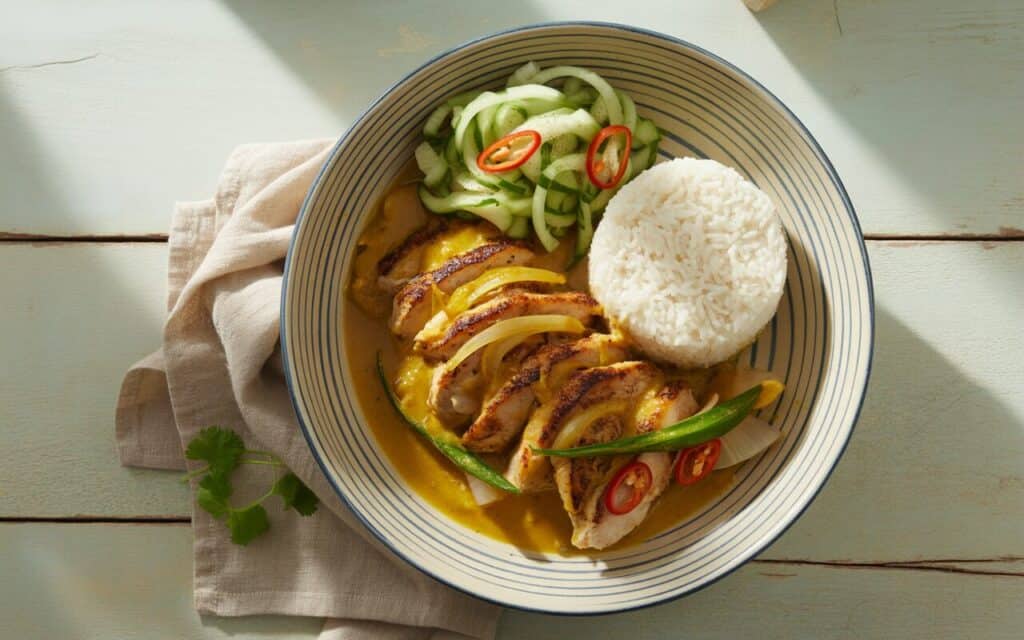 Kurczak Po Malezyjsku w Sosie Kokosowo-Kurkumowym z Marynowanym Ogórkiem