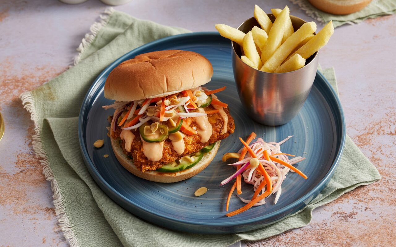 Tajski burger z mintajem, frytkami i majonezem z nutą limonki