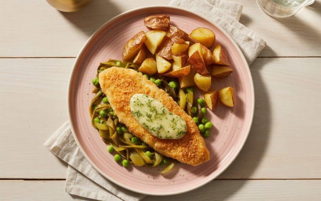 Mintaj Zapiekany z Serem i Groszkiem w Maśle Czosnkowym