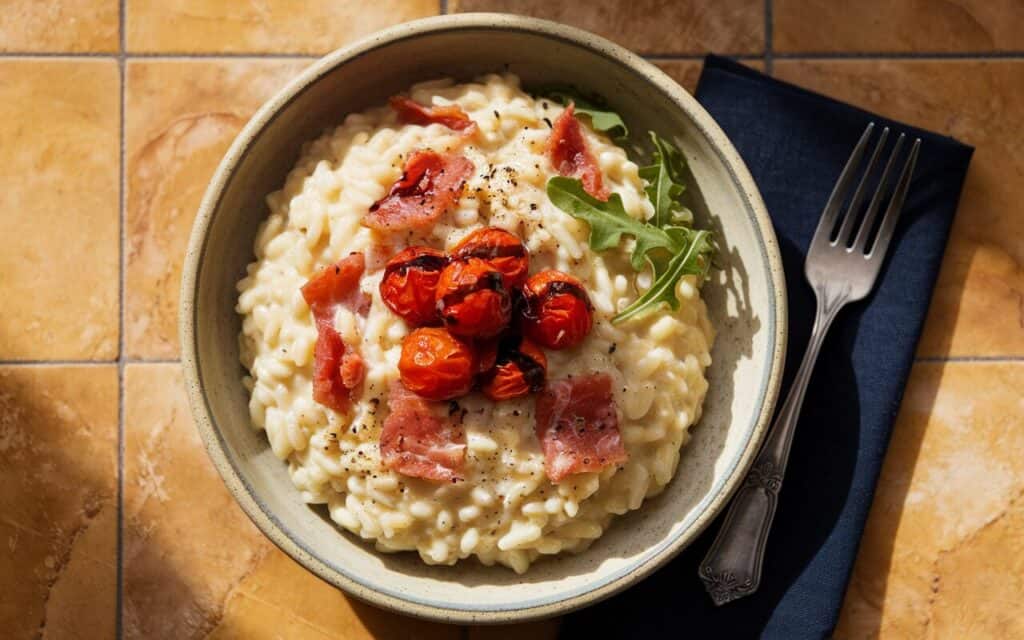 Kremowe Risotto Carbonara z Balsamicznymi Pomidorkami