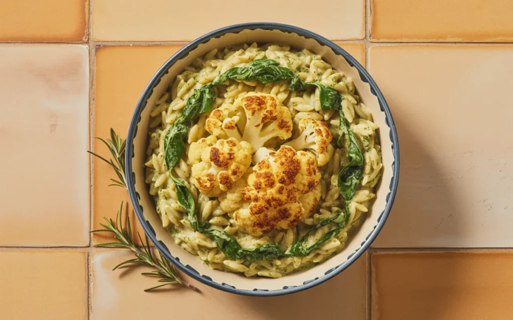 Kremowe orzo z pesto i chrupiącym kalafiorem w serowej panierce
