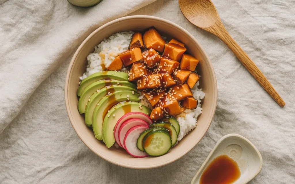 Poke bowl z sezamowym batatem, awokado i glazurą ponzu
