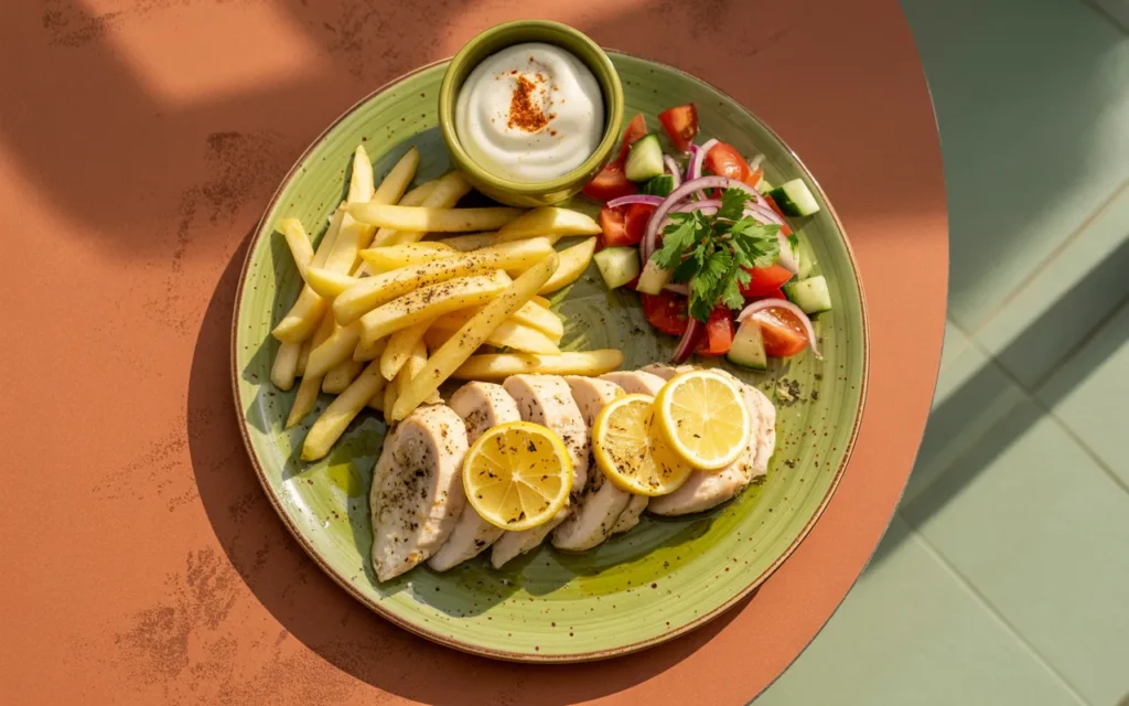 Portugalski kurczak cytrynowy z pikantnymi frytkami i paprykowym majonezem