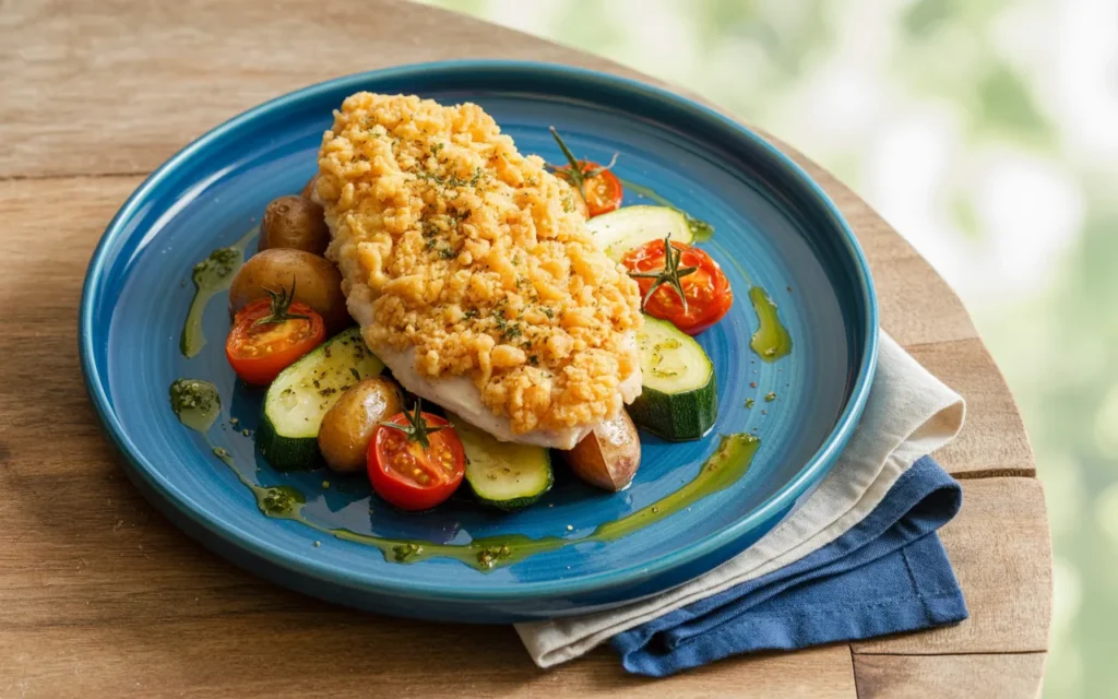 Prowansalski kurczak w panierce serowo-ziołowej z pieczonymi warzywami