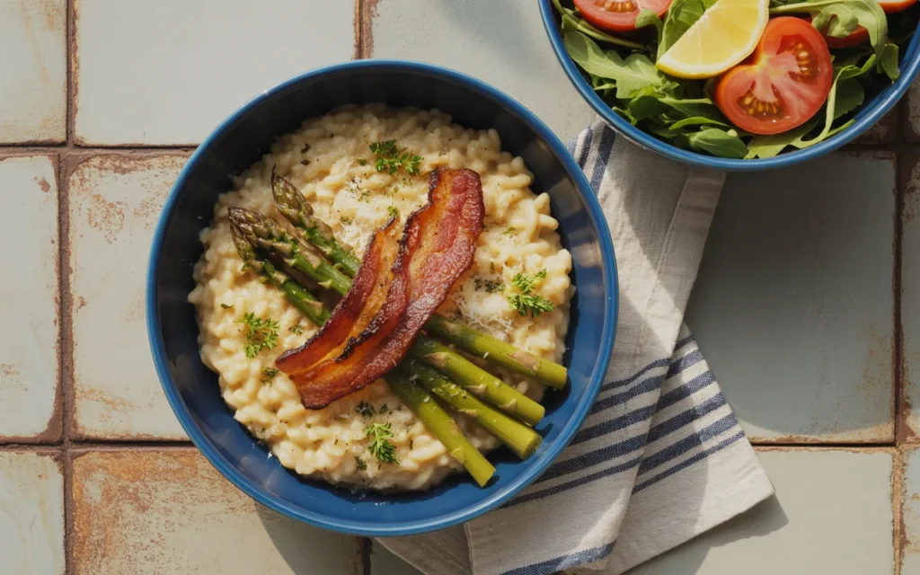 Risotto z balsamicznym boczkiem i pieczonymi szparagami