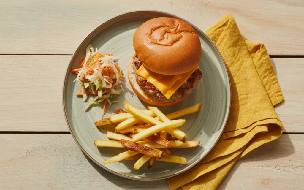 Serowy burger z mielonej wieprzowiny z kimchi-surówką i frytkami