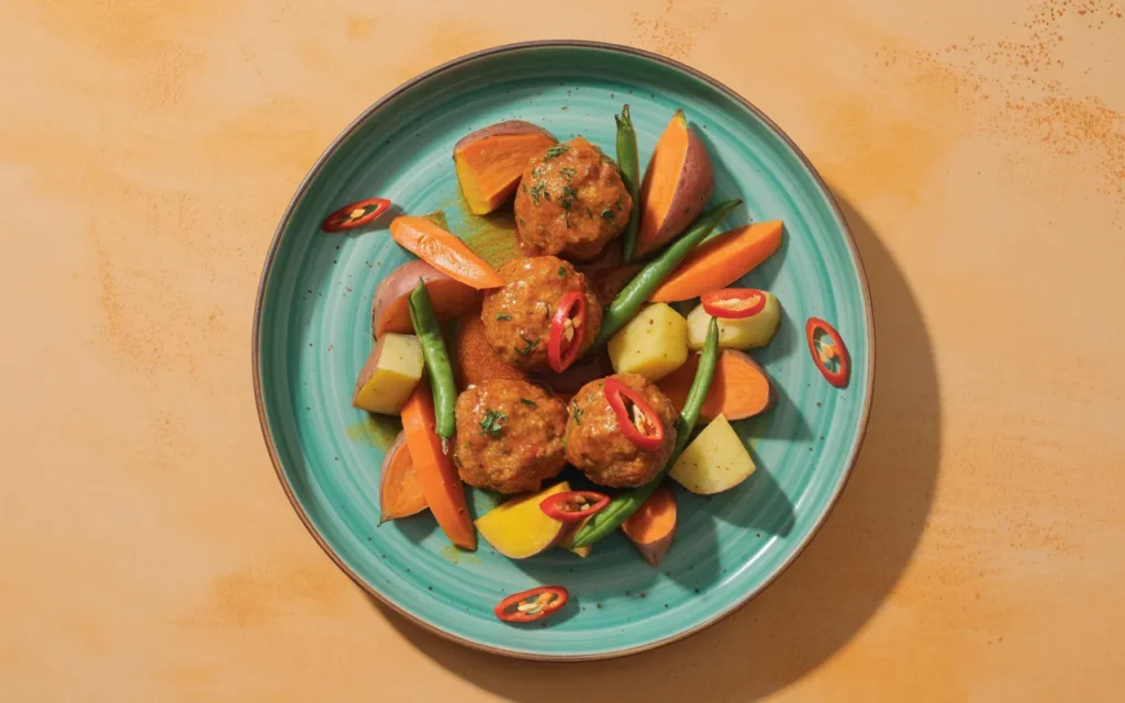 Tajskie pulpeciki wołowe w czerwonym curry z pieczonymi warzywami