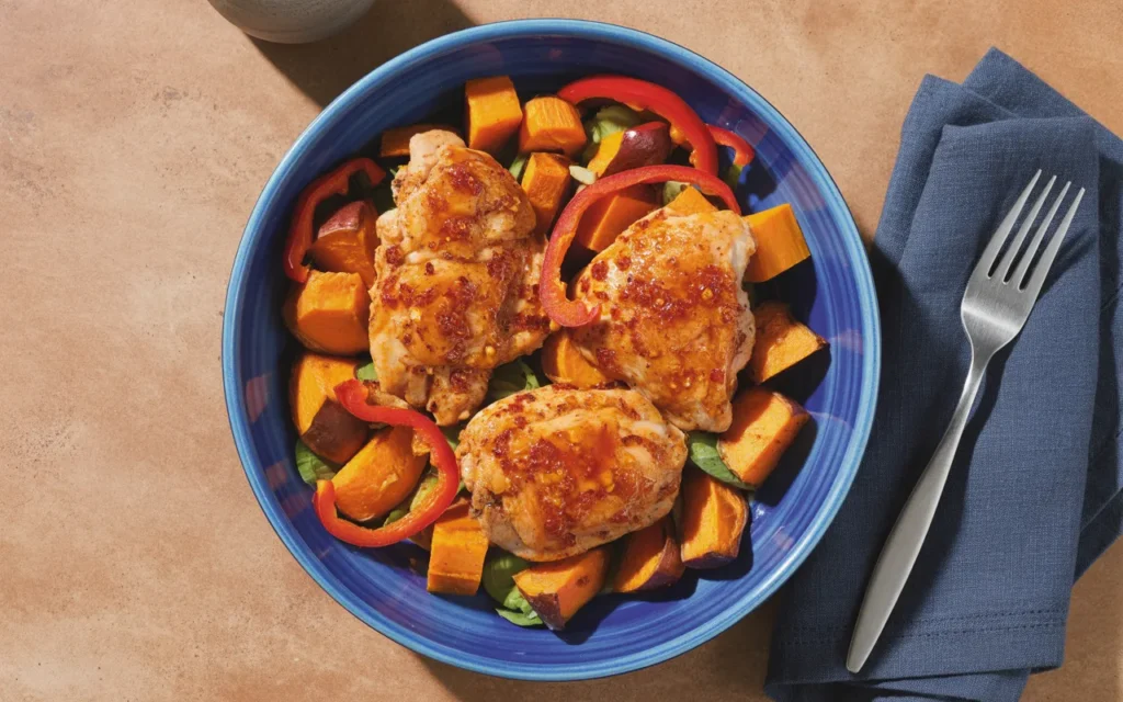 Udka z kurczaka w ostro-słodkim miodzie z sałatką z batatów i papryki
