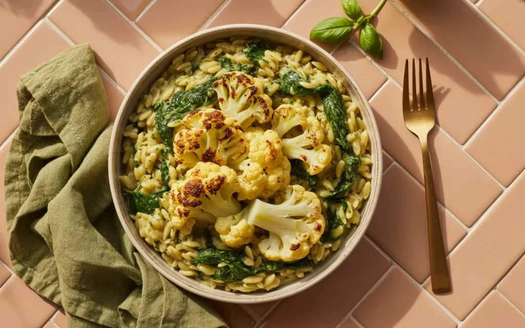 Włoskie orzo z pesto i serowym kalafiorem z pieca