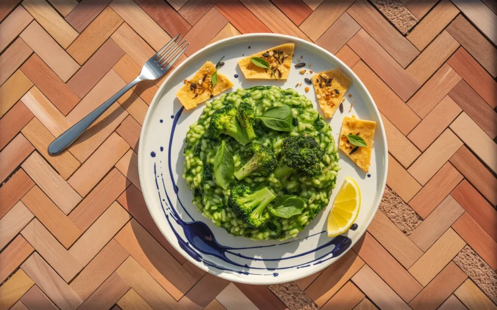 Zielone risotto z chrupiącymi serowo-sezamowymi chipsami