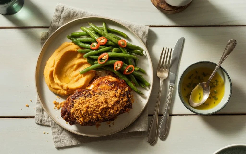 BBQ Maślany Kurczak z Purée z Batatów i Ostrą Fasolką