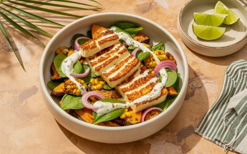 Brazylijski Halloumi na Ostro z Grillowaną Kukurydzą i Sałatką z Batatów