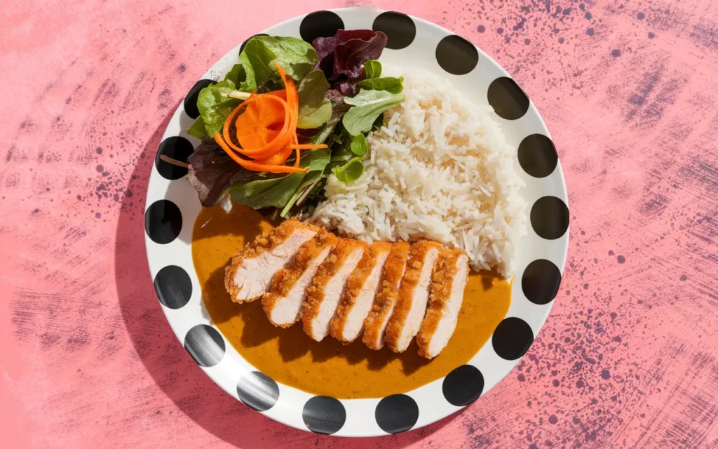 Katsu z Chrupiącego Kurczaka z Ryżem, Łagodnym Sosem Curry i Sałatką z Marchwi