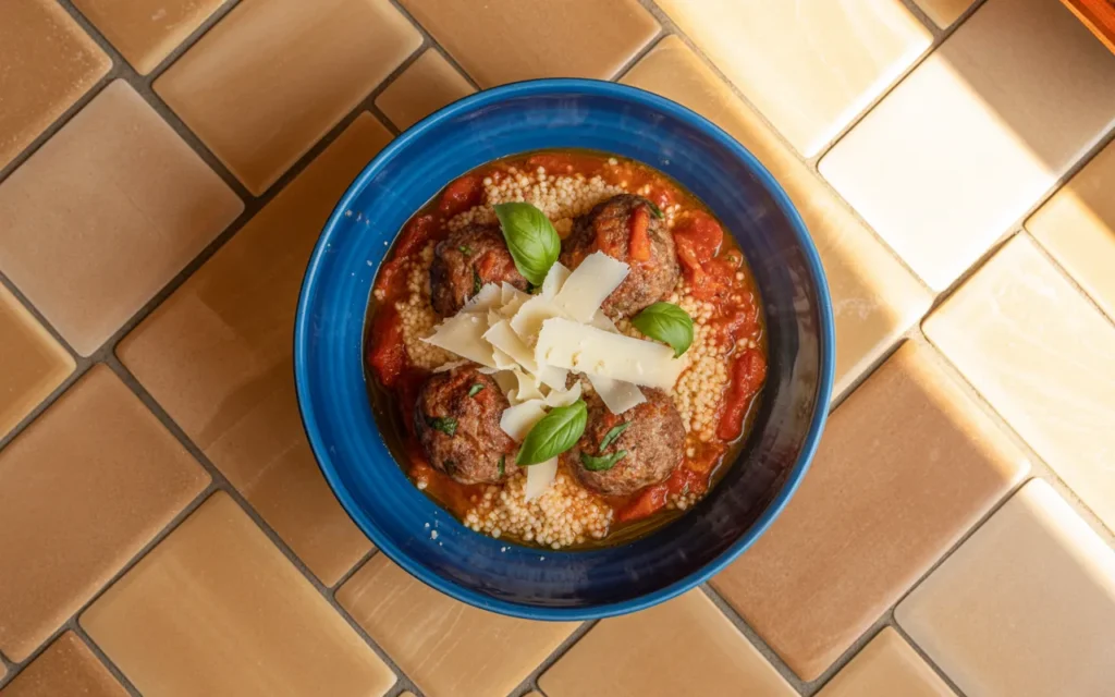 Klopsiki Wołowe w Bulionie Pomidorowo-Bazyliowym z Kuskusem