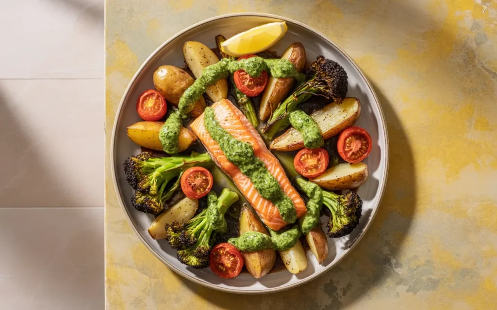 Łosoś w Pesto z Pieczonymi Warzywami