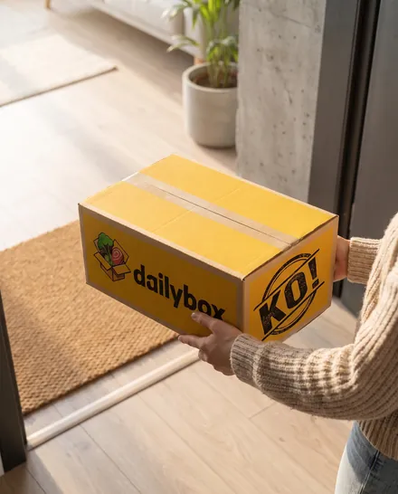Kurier podaje box DailyBox pod drzwiami