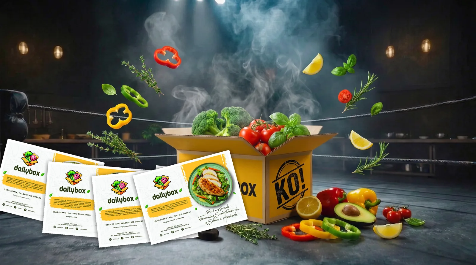 Box DailyBox pełen świeżych składników i kart z przepisami w ringu